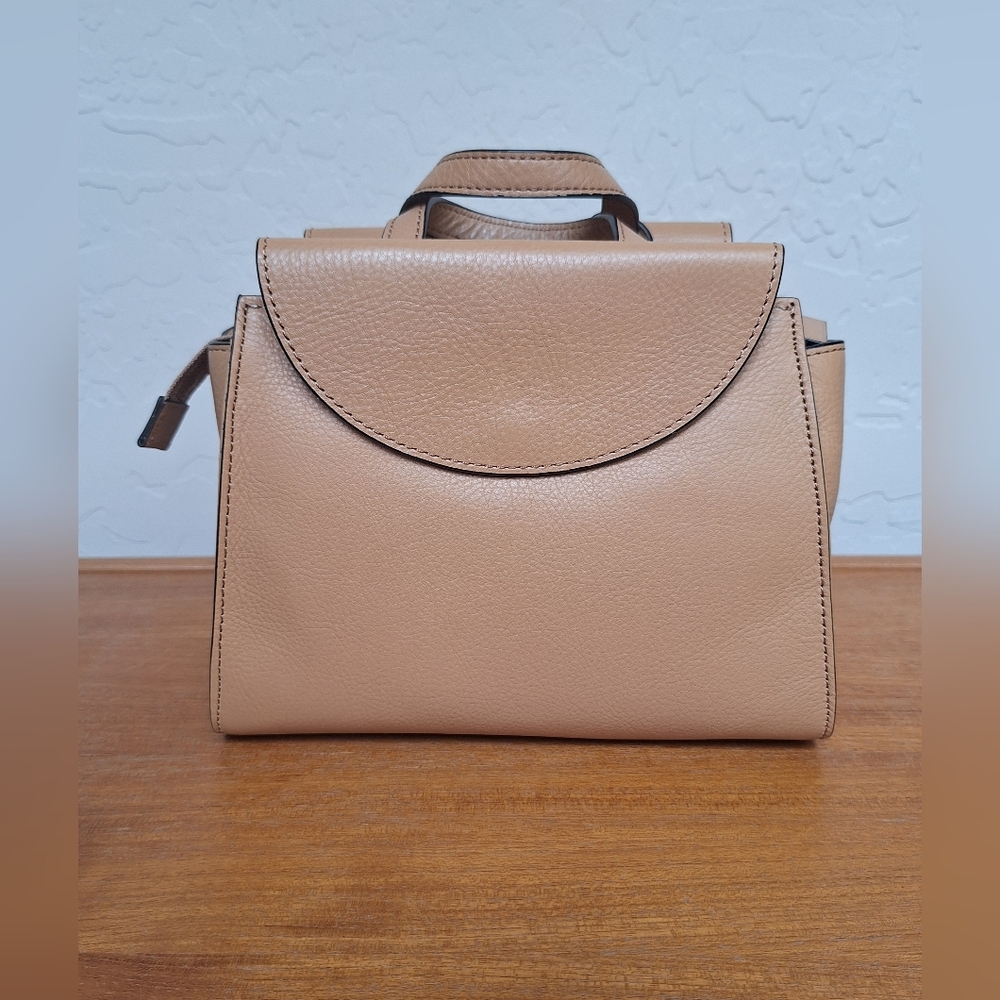 Kate Spade Tan Leather Satchel Crossbody Structured Trapezoid Camel Neutral NEW - Picture 4 of 15